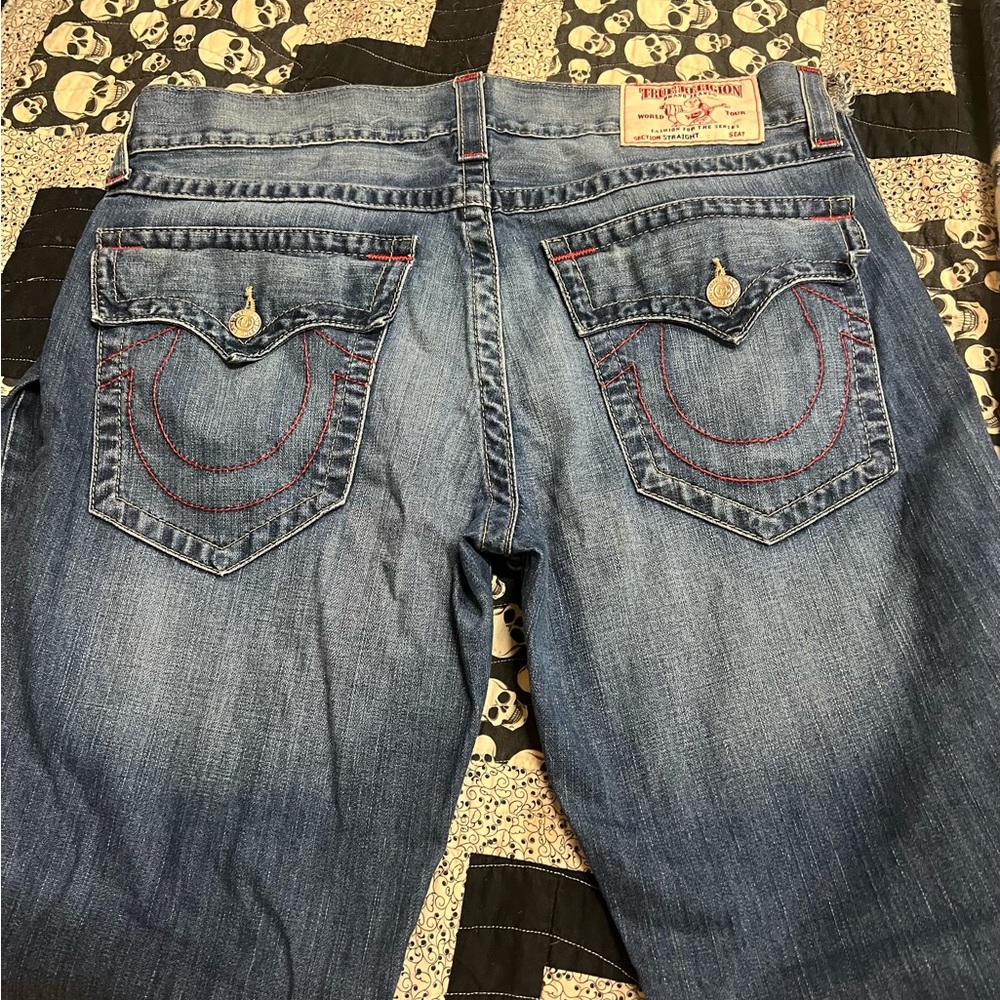 True Religion Men's Relaxed Fit Blue Jeans with Red Stitching